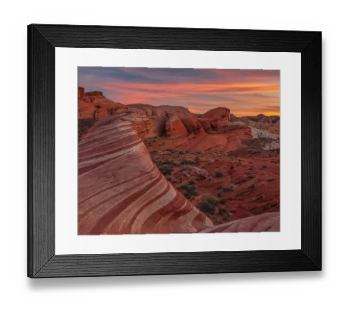 Framed Print : USA, Nevada, Overton, Valley of Fire State Park. Multi-colored rock formations at sunset