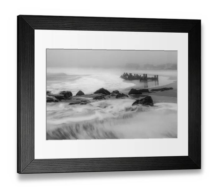 Framed Print : USA, New Jersey, Cape May National Seashore. Black and white of beach waves and old pier Framed Print : USA, New Jersey, Cape May National Seashore. Black and white of beach waves and old pier