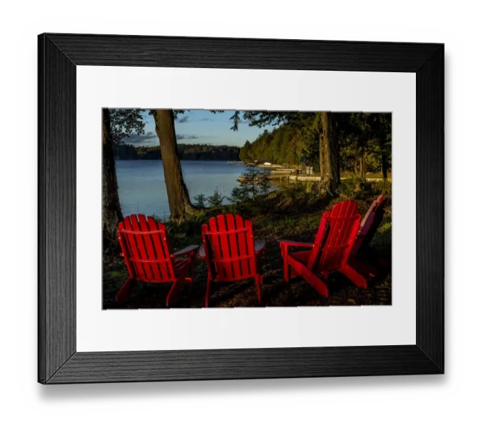 Framed Print : USA, New York, Adirondack State Park. Chairs on lake shore Framed Print : USA, New York, Adirondack State Park. Chairs on lake shore