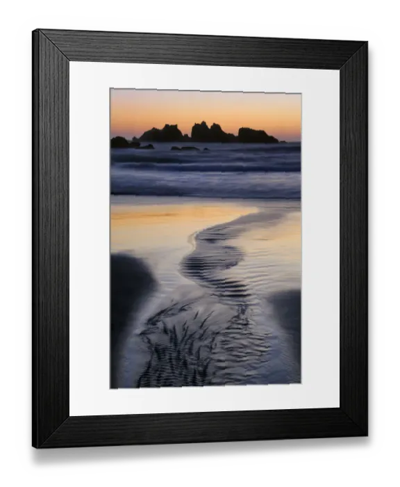 Framed Print : USA, Oregon, Bandon. Water flows into ocean at low tide on Bandon Beach. Credit as Framed Print : USA, Oregon, Bandon. Water flows into ocean at low tide on Bandon Beach. Credit as