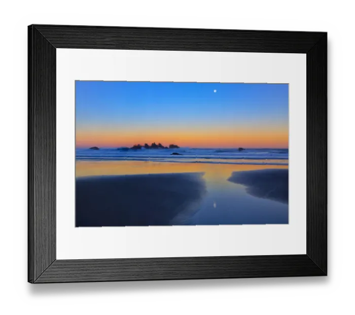 Framed Print : USA, Oregon, Bandon. Beach moonset at sunrise