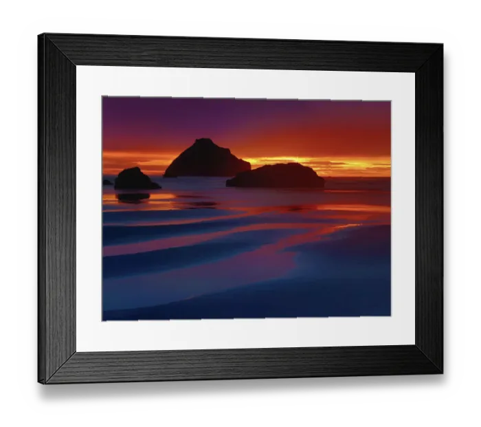 Framed Print : USA, Oregon, Bandon. Sunset on beach sea stacks