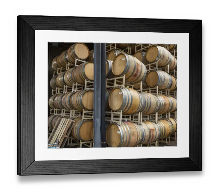 Framed Print : USA, Oregon, Elk Cove Winery. Oak storage barrels