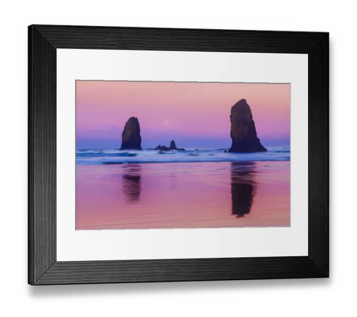 Framed Print : USA, Oregon, Bandon. Sunrise on beach sea stacks