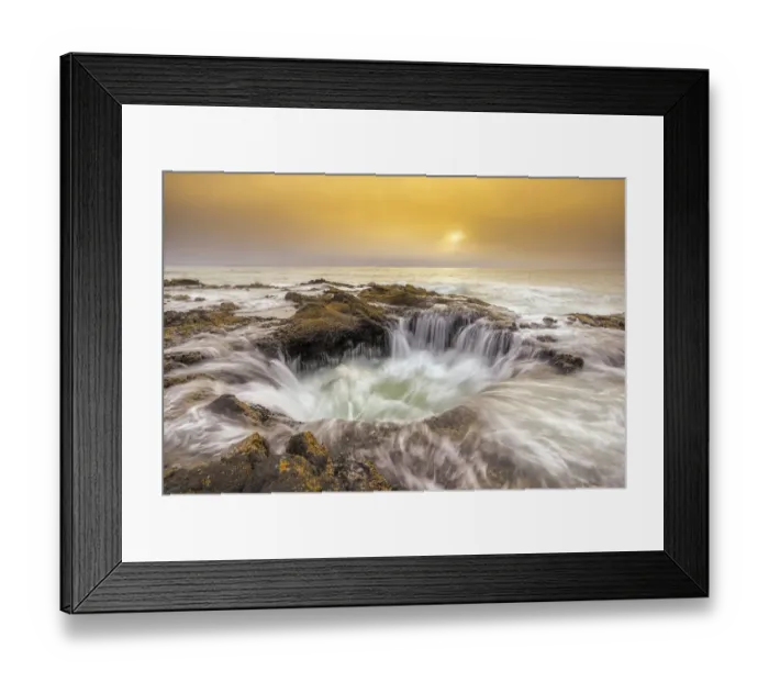 Framed Print : USA, Oregon. Thors Well and ocean at sunset