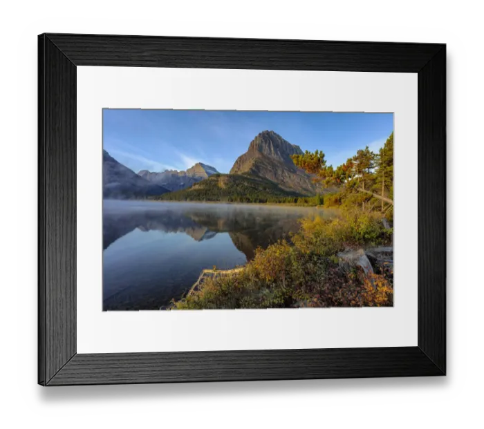 Framed Print : Grinnell Point and Mt. Gould reflection into Swiftcurrent Lake in early autumn in Framed Print : Grinnell Point and Mt. Gould reflection into Swiftcurrent Lake in early autumn in