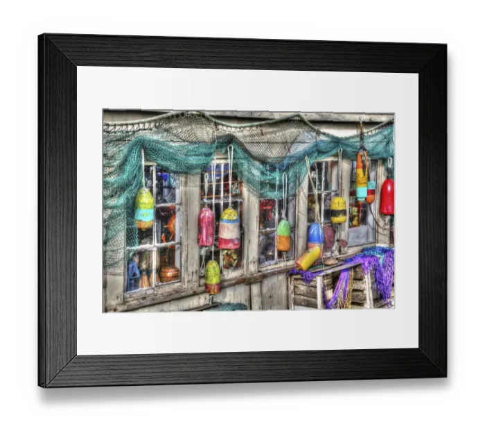 Framed Print : Old building, Netarts, Oregon. Decorated with colorful fishing gear Framed Print : Old building, Netarts, Oregon. Decorated with colorful fishing gear