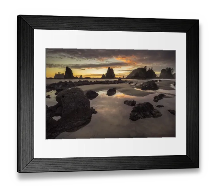 Framed Print : USA, Washington State, Olympic National Park. Sunrise on coast beach and rocks. Credit as