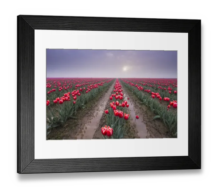 Framed Print : USA, Washington State, Skagit Valley. Rows of red tulips and sky