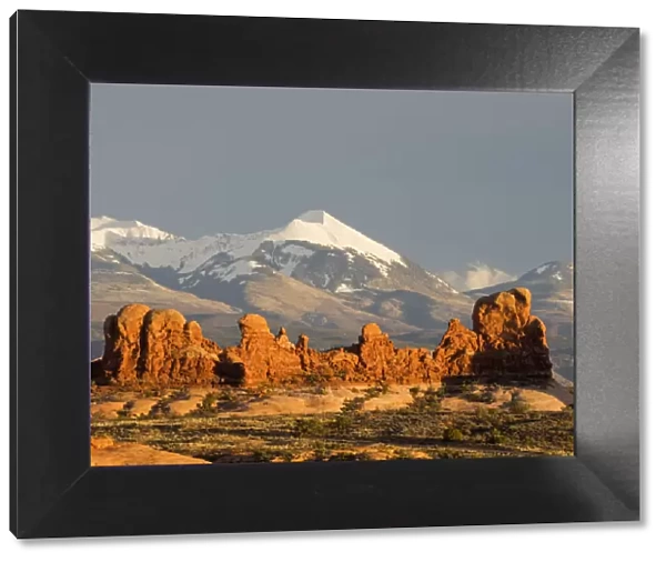 USA, Utah. Arches National Park, Rock Formations and La Sal Mountains