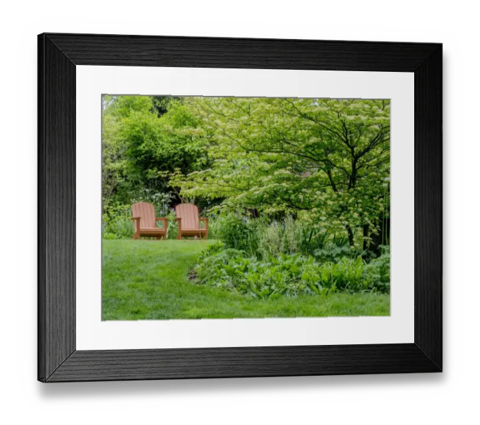 Framed Print : USA, Pennsylvania. A pair of Adirondack chairs in a garden
