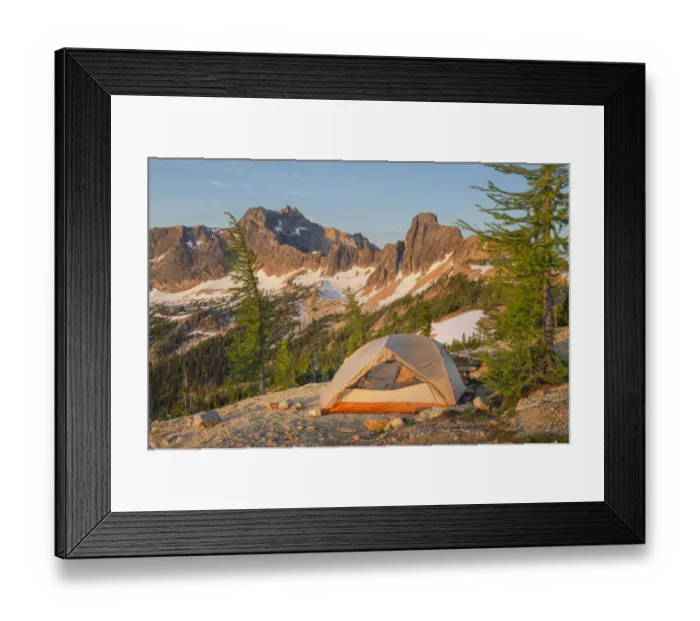 Framed Print : Backpacking tent at daybreak on ridge above Cutthroat Pass, near Pacific Crest trail