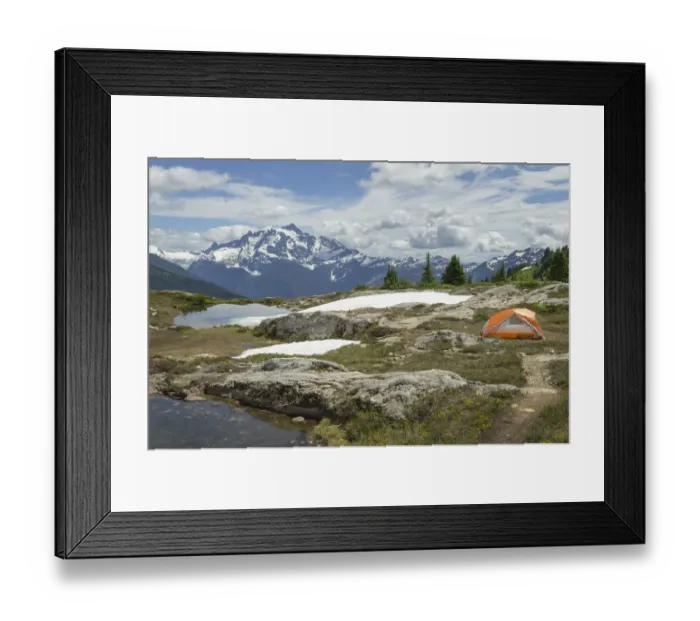 Framed Print : Big Agnes tent in backcountry campsite. Yellow Aster Butte Basin, Mount Baker Wilderness