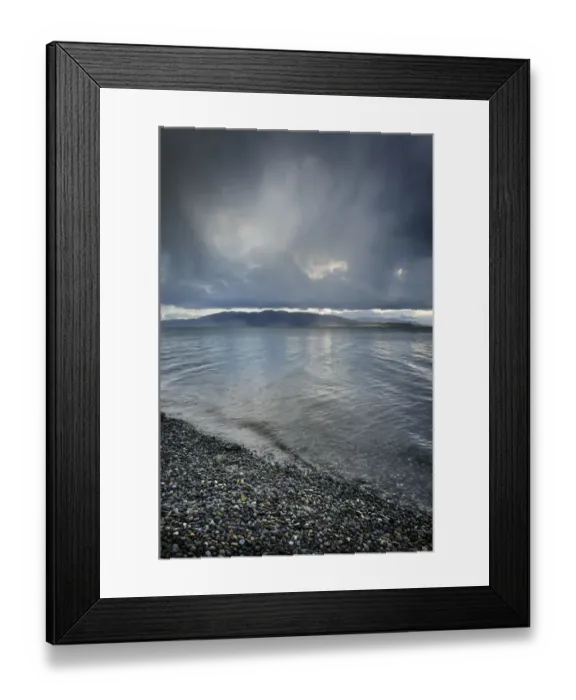 Framed Print : Stormy winter clouds over Bellingham Bay, Washington State. Lummi Island in the distance