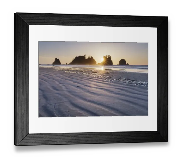 Framed Print : Sunset on Shi Shi Beach, sea stacks of Point of the Arches are in the distance Framed Print : Sunset on Shi Shi Beach, sea stacks of Point of the Arches are in the distance