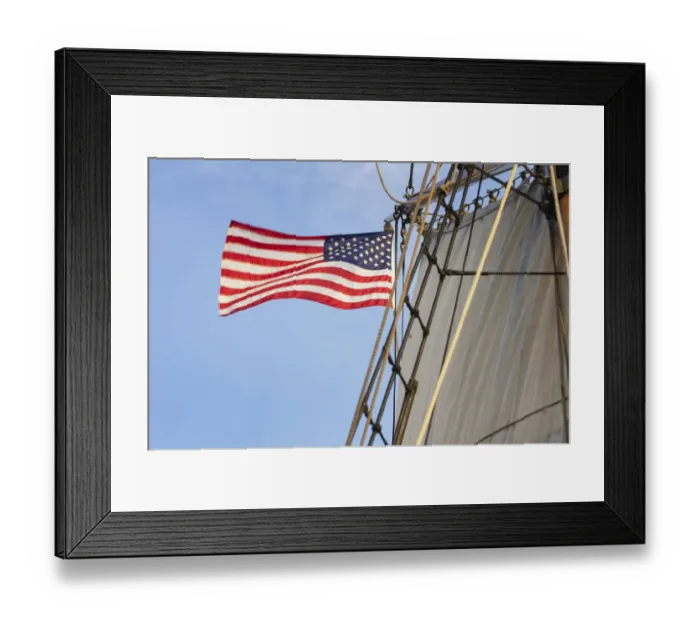 Framed Print : United States flag flying on Hawaiian Chieftain, a Square Topsail Ketch