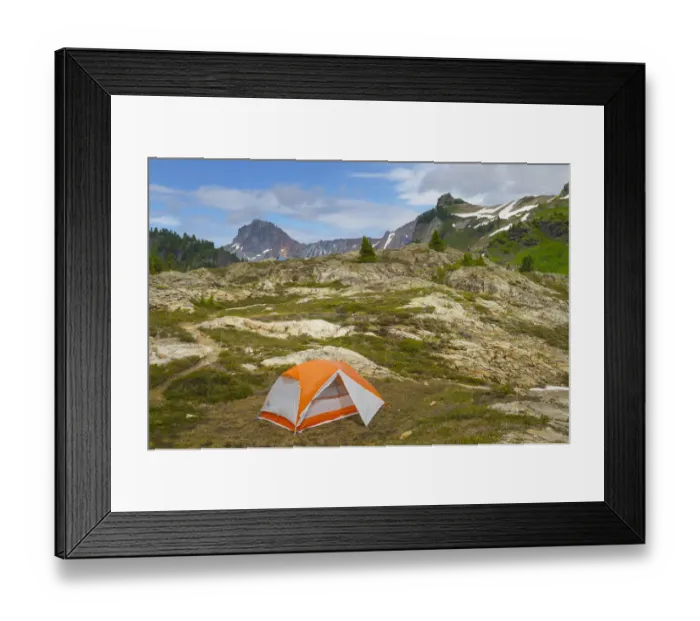 Framed Print : Tent in backcountry campsite. Yellow Aster Butte Basin, Mount Baker Wilderness, North Cascades Framed Print : Tent in backcountry campsite. Yellow Aster Butte Basin, Mount Baker Wilderness, North Cascades