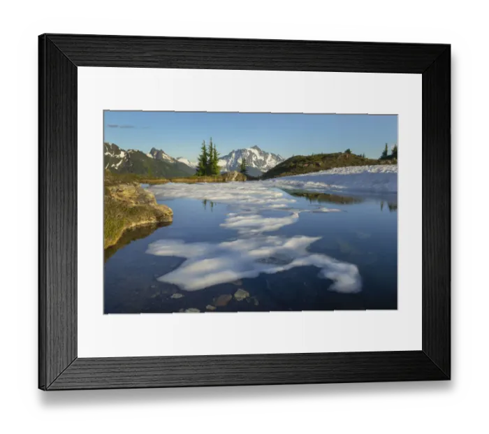 Framed Print : Mount Shuksan seen from partially thawed tarn, Yellow Aster Butte Basin, Mount Baker Wilderness