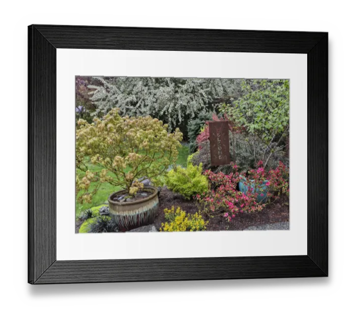 Framed Print : Spring color with Welcome metal sign, Sammamish, Washington State
