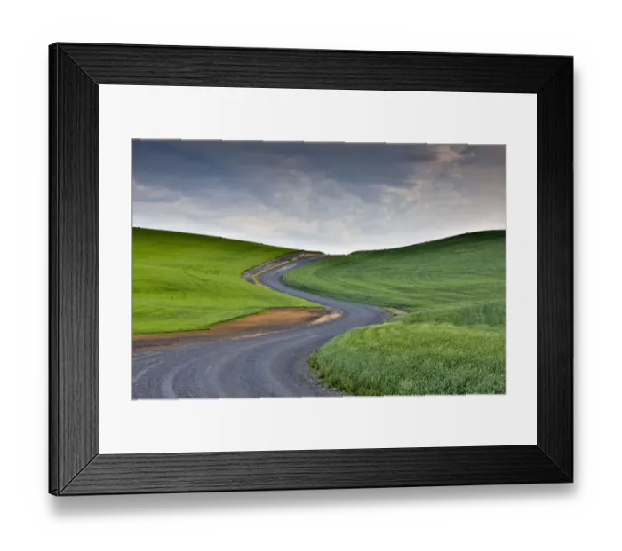 Framed Print : Curved gravel road through wheat and pea fields near Kamak Butte, Eastern Washington Framed Print : Curved gravel road through wheat and pea fields near Kamak Butte, Eastern Washington