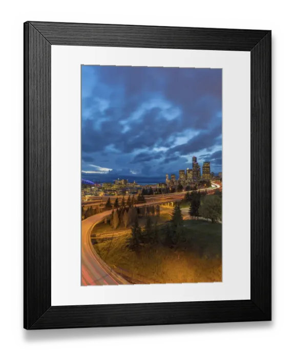 Framed Print : City skyline and Interstate 90 and 5 from Rizal Bridge in downtown Seattle, Washington State
