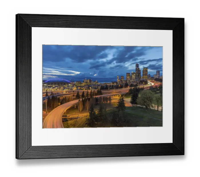 Framed Print : City skyline and Interstate 90 and 5 from Rizal Bridge in downtown Seattle, Washington State
