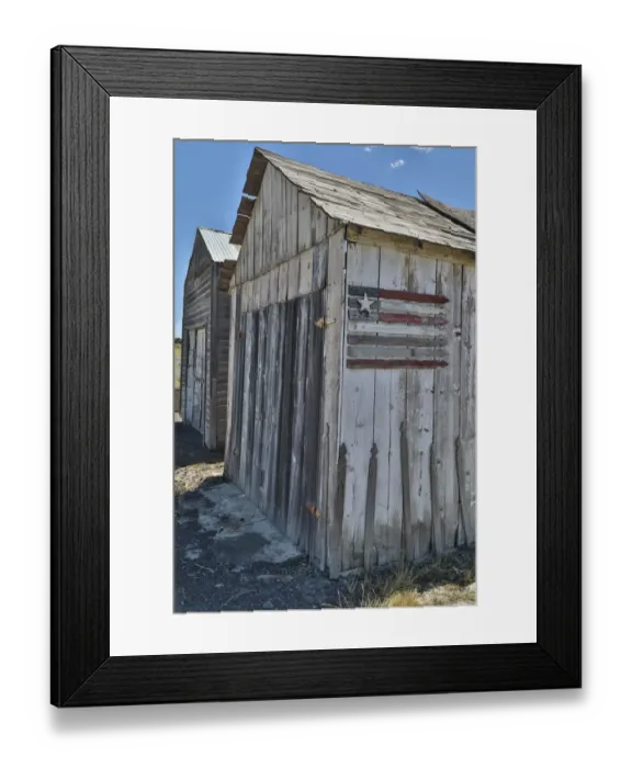 Framed Print : Flag on side of old wooden shed, Benge, Washington State