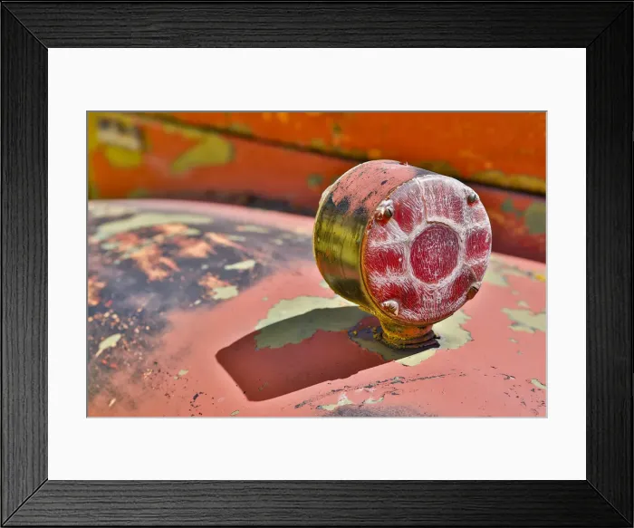 Framed Print : Red light on fender of old truck detail in Sprague, Washington State