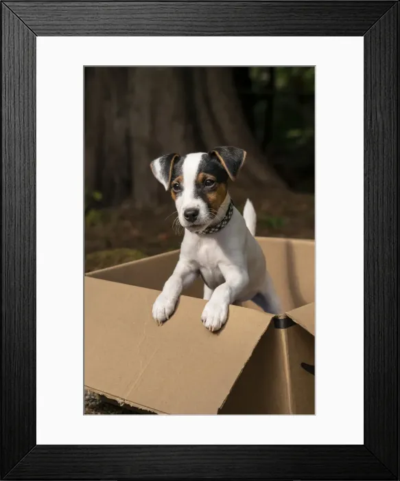 Framed Print : Issaquah, Washington State, USA. Two month old Jack Russell terrier posing in a cardboard box Framed Print : Issaquah, Washington State, USA. Two month old Jack Russell terrier posing in a cardboard box
