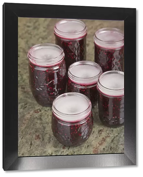 Jars of blackberry jam with the household wax (paraffin) mostly solidified on top to act as a seal