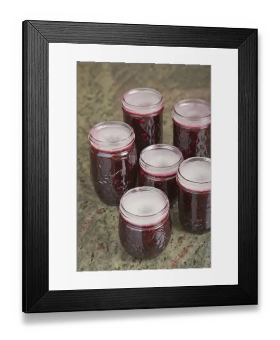 Framed Print : Jars of blackberry jam with the household wax (paraffin) mostly solidified on top to act as a seal
