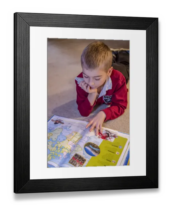 Framed Print : Seven year old boy reading his world atlas book. (MR)