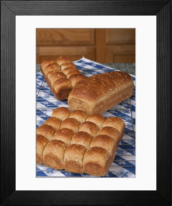 Framed Print : Multigrain rolls and loaf on cooling rack on counter covered by tea towel Framed Print : Multigrain rolls and loaf on cooling rack on counter covered by tea towel
