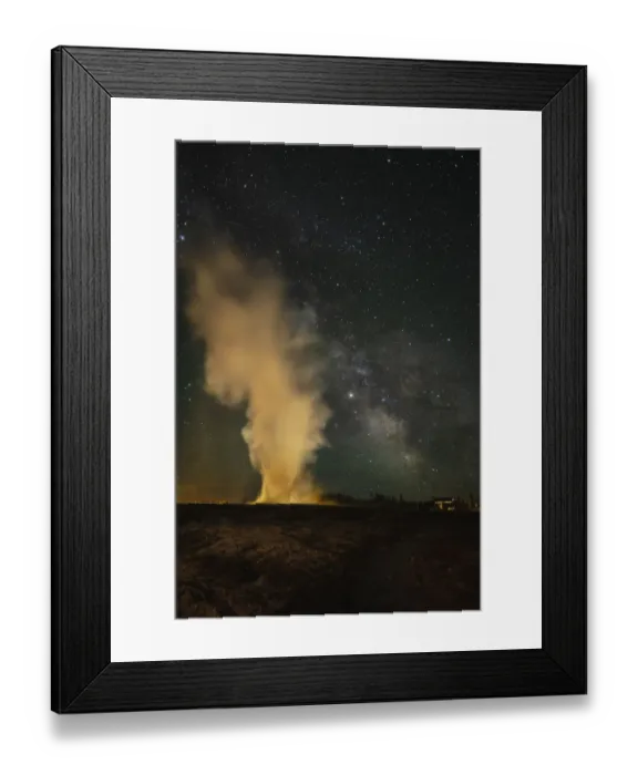 Framed Print : USA, Wyoming, Yellowstone National Park. Milky Way and erupting Old Faithful Geyser