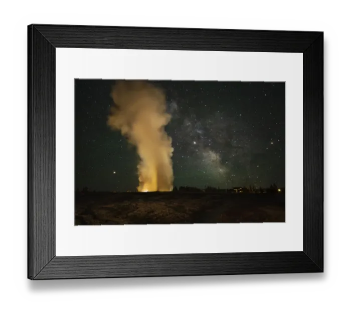 Framed Print : USA, Wyoming, Yellowstone National Park. Milky Way over an erupting Old Faithful Geyser