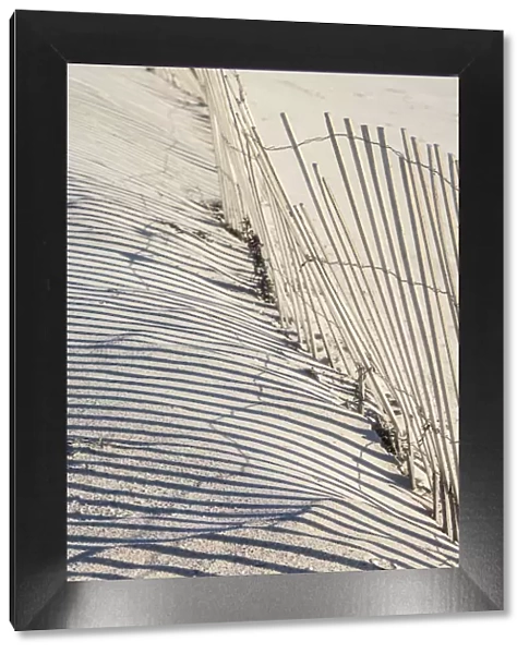 USA, Massachusetts, Nantucket Island. Madaket. Madaket Beach, sand fence and shadows