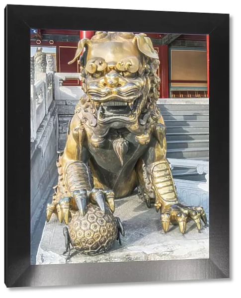 China, Beijing. Forbidden Citys lion guardian