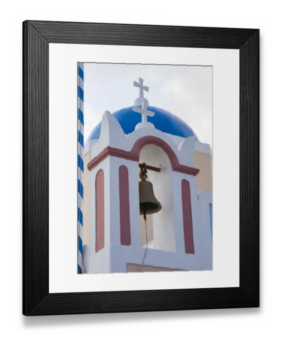 Framed Print : Blue domed Greek Orthodox church with bell in Oia, Santorini, Greece Framed Print : Blue domed Greek Orthodox church with bell in Oia, Santorini, Greece
