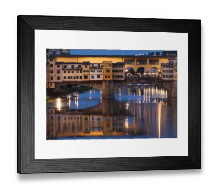 Framed Print : Italy, Tuscany, Florence, Ponte Vecchio reflected in Arno River at dusk