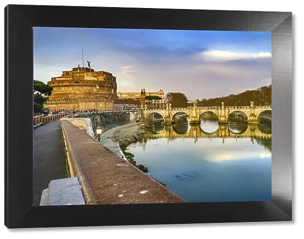 Red wall of St. Angelo Bridge, Tiber River reflection, Rome, Italy