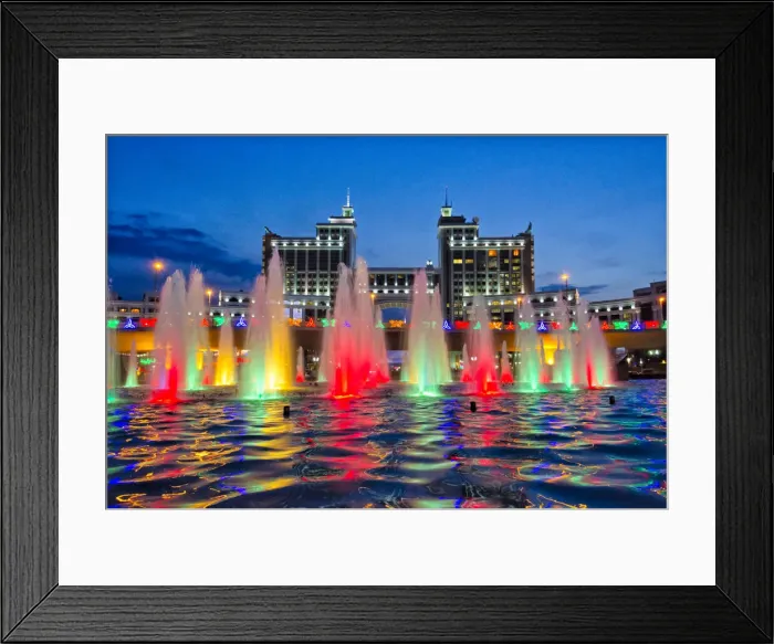 Framed Print : Night view of fountain in Round Square and the Headquarters of KazMunayGas, Astana