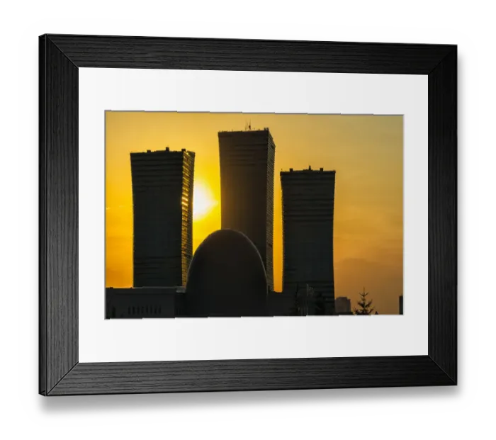 Framed Print : Northern Lights apartment buildings and egg-shaped building of National Archive at sunset