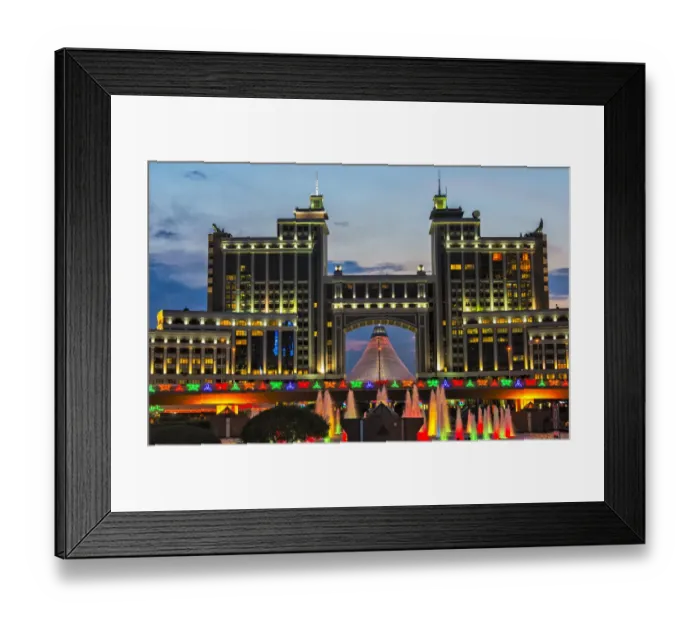 Framed Print : Night view of the headquarters of KazMunayGas and Khan Shatyr Entertainment Center Framed Print : Night view of the headquarters of KazMunayGas and Khan Shatyr Entertainment Center