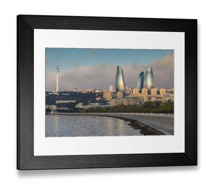 Framed Print : Azerbaijan, Baku. City skyline with Baku Television Tower and Flame Towers from Baku Bay Framed Print : Azerbaijan, Baku. City skyline with Baku Television Tower and Flame Towers from Baku Bay