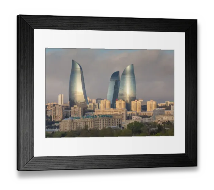 Framed Print : Azerbaijan, Baku. City skyline with Flame Towers from Baku Bay Framed Print : Azerbaijan, Baku. City skyline with Flame Towers from Baku Bay