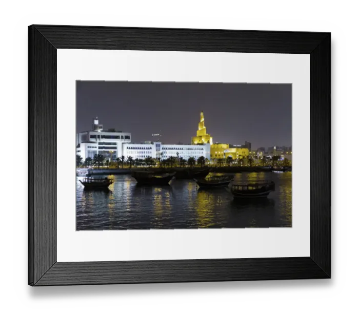 Framed Print : State of Qatar, Doha. Dhow harbor at night. Left: Ministry of Finance Framed Print : State of Qatar, Doha. Dhow harbor at night. Left: Ministry of Finance