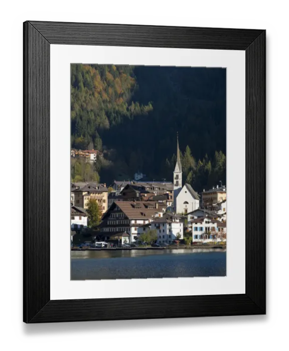 Framed Print : Alleghe at Lago di Alleghe under the peak of Civetta, an icon of the dolomites in