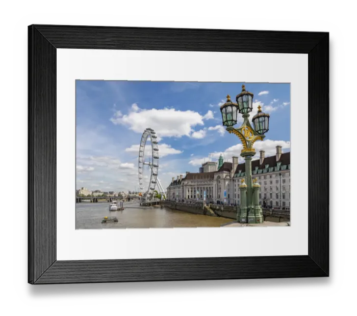 Framed Print : The London Eye and iconic British lamppost in London, England Framed Print : The London Eye and iconic British lamppost in London, England