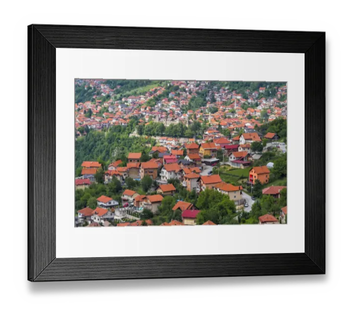 Framed Print : Red roof houses on the hill side, Sarajevo, Bosnia and Herzegovina