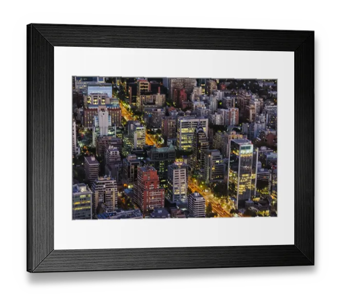 Framed Print : Aerial view of downtown skyline at dusk, Santiago, Chile Framed Print : Aerial view of downtown skyline at dusk, Santiago, Chile